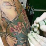 Tattoos - Close up Japanese mask, color, art nouveau arm tattoo - 130844